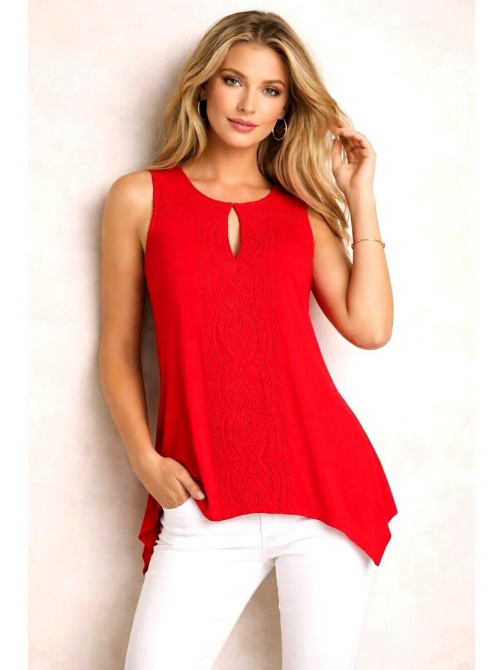 Adrianna Papell Size L Red Keyhole Embroidered Sharkbite Tunic Top Luxury City